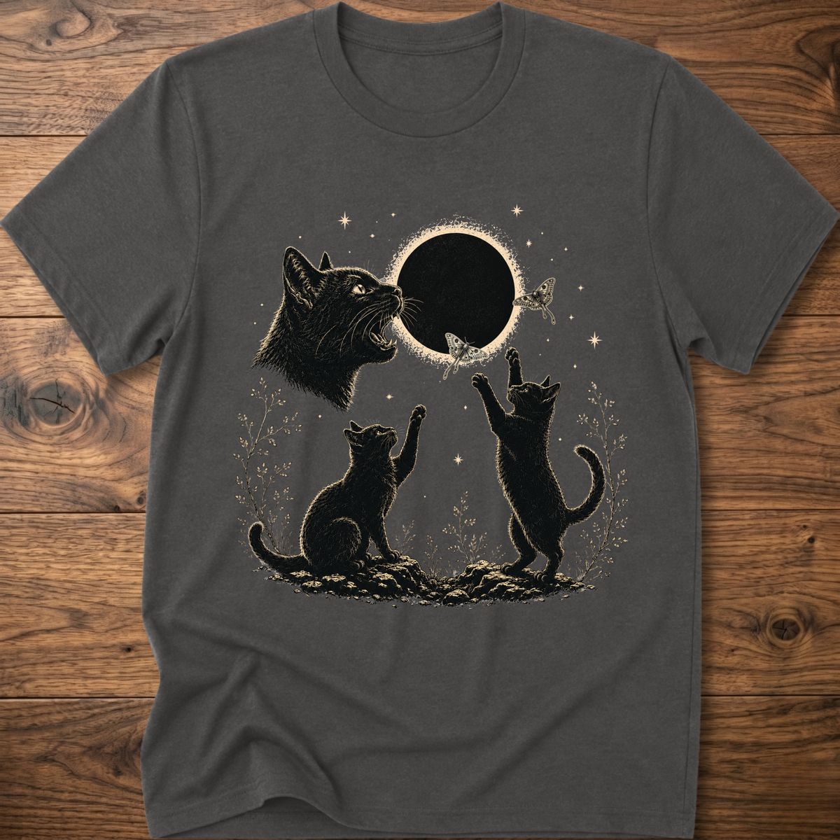 Charcoal crew-neck T-shirt with dark cat illustration and round eclipse graphic on front