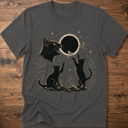 Charcoal crew-neck T-shirt with dark cat illustration and round eclipse graphic on front