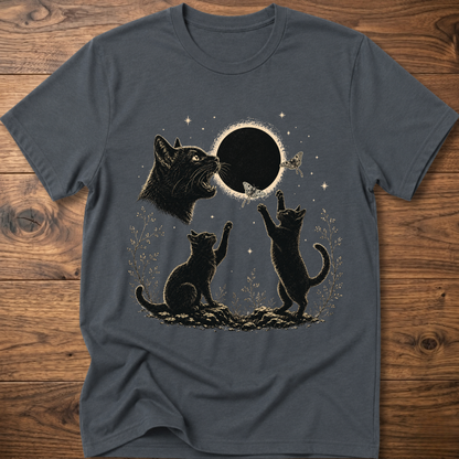 Dark heather crew-neck T-shirt with dark cat illustration and round eclipse graphic on front