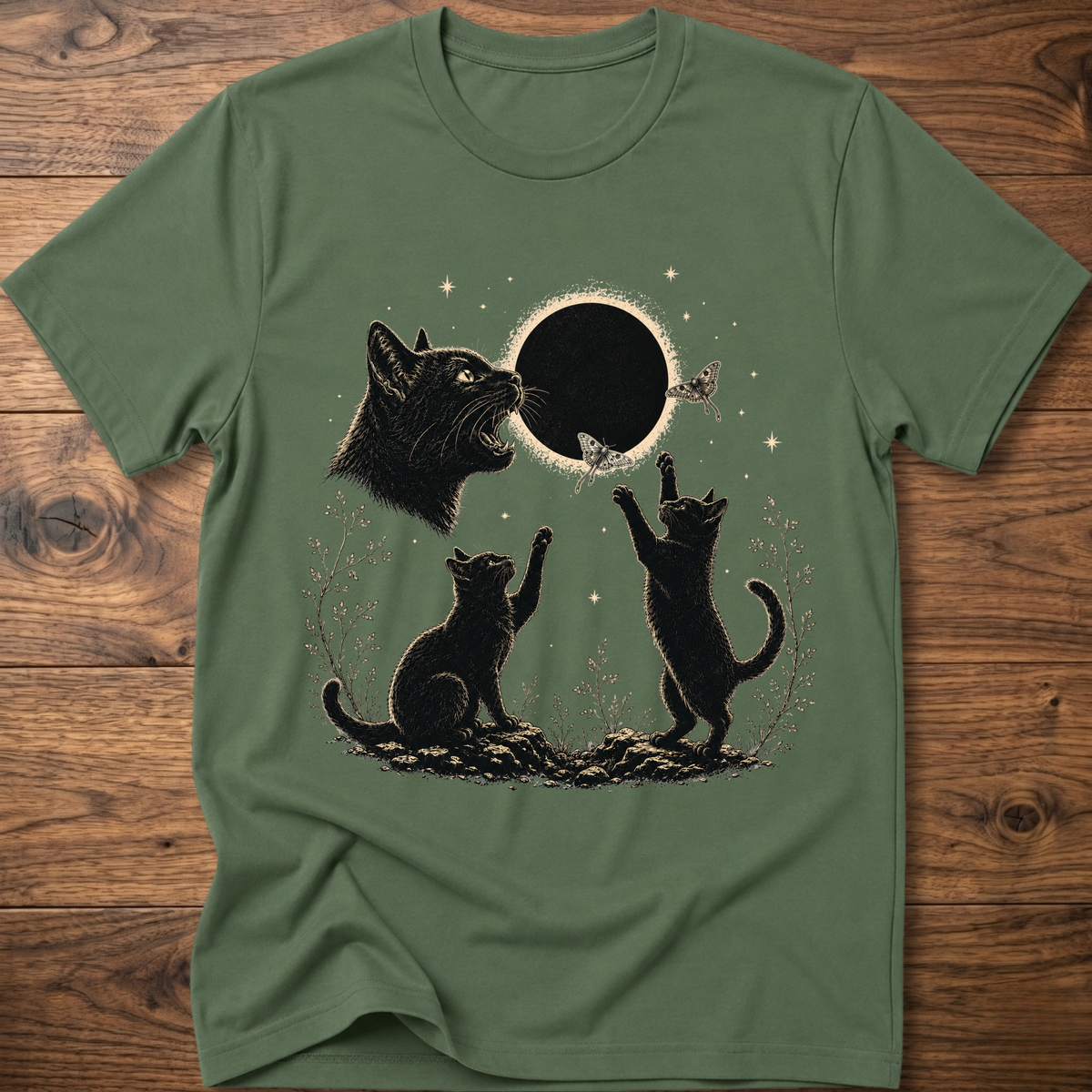 Military green crew-neck T-shirt with dark cat illustration and round eclipse graphic on front