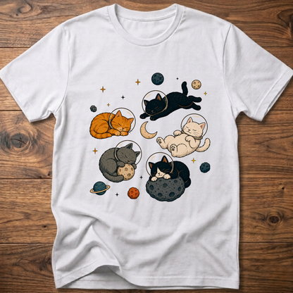 White cat nap T-shirt with sleeping cats and planets illustration