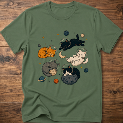 Military green cat nap T-shirt with sleeping cats in space graphic