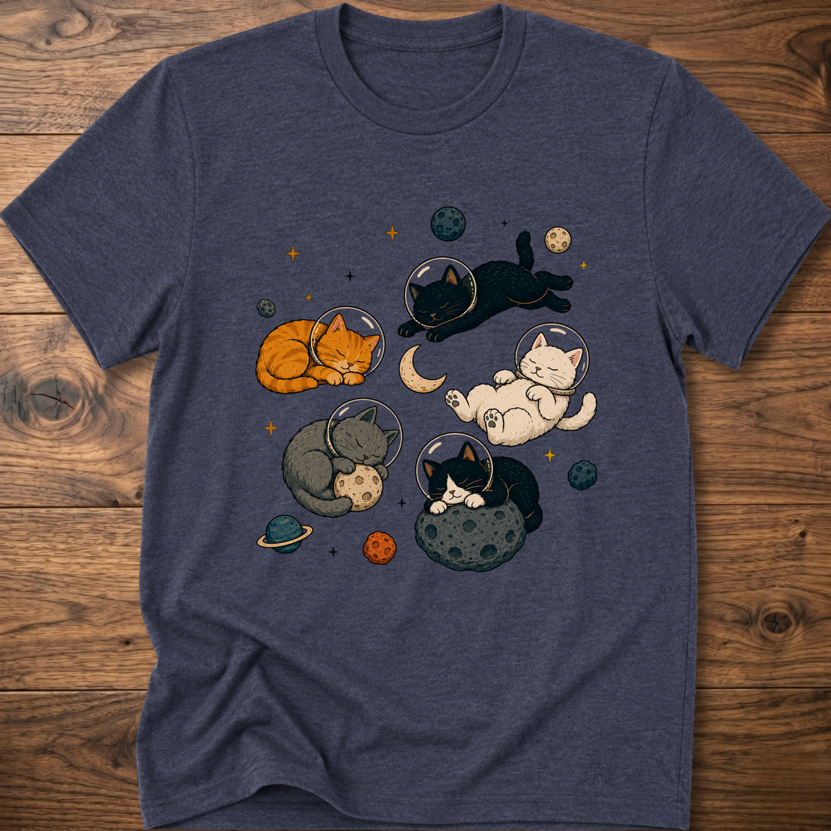 Dark heather blue cat nap T-shirt with sleeping cats space design