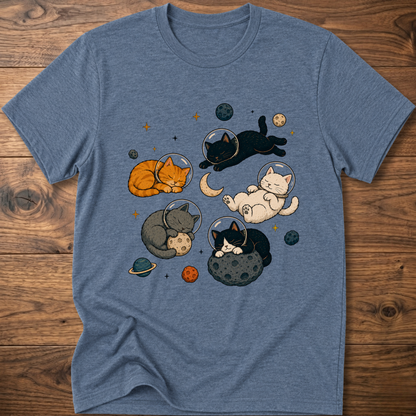 Heather blue cat nap T-shirt with sleeping cats and moon stars print