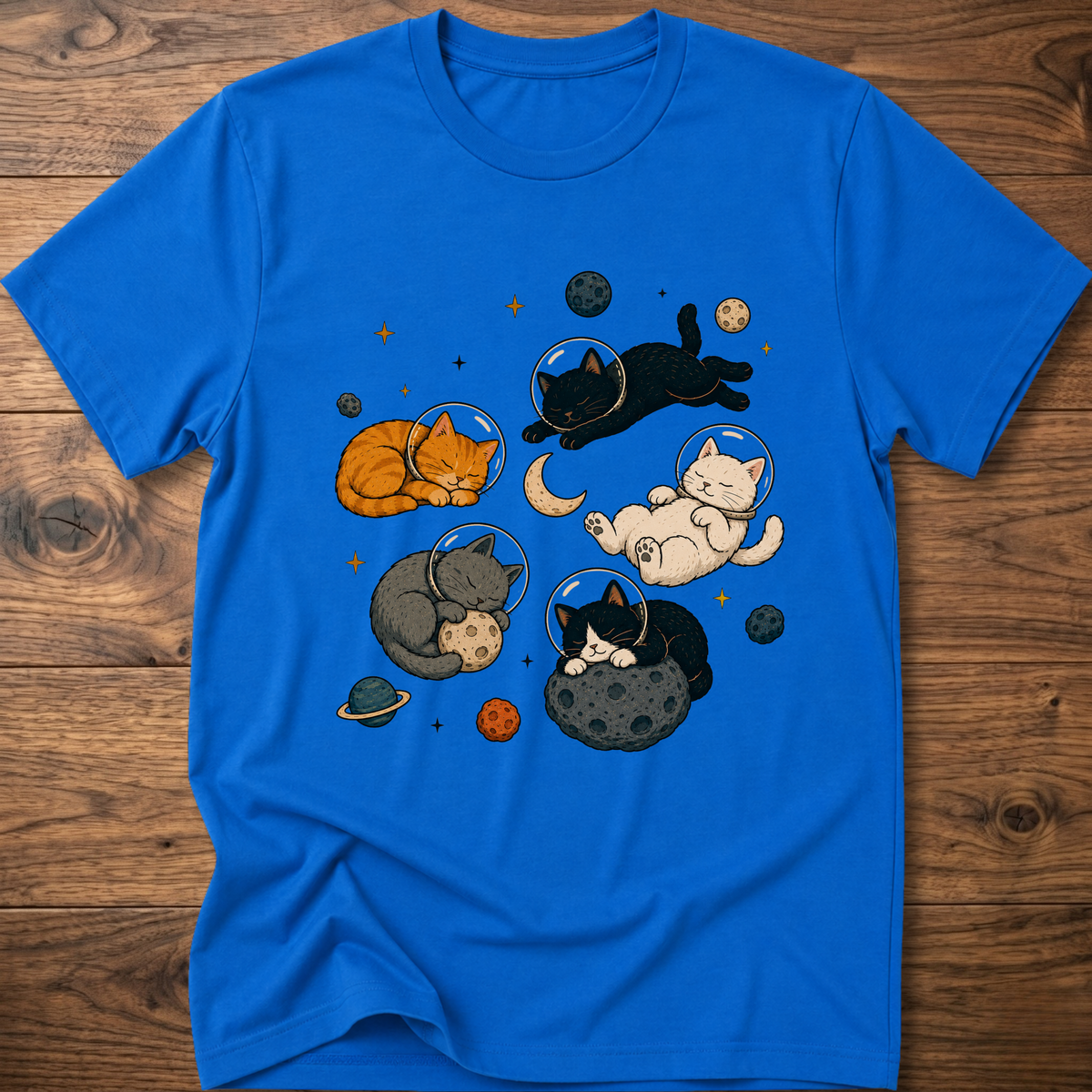 Royal blue cat nap T-shirt with sleeping cats space graphic