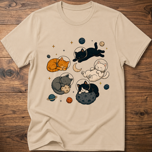 Cream cat nap T-shirt with sleeping cats and planets graphic