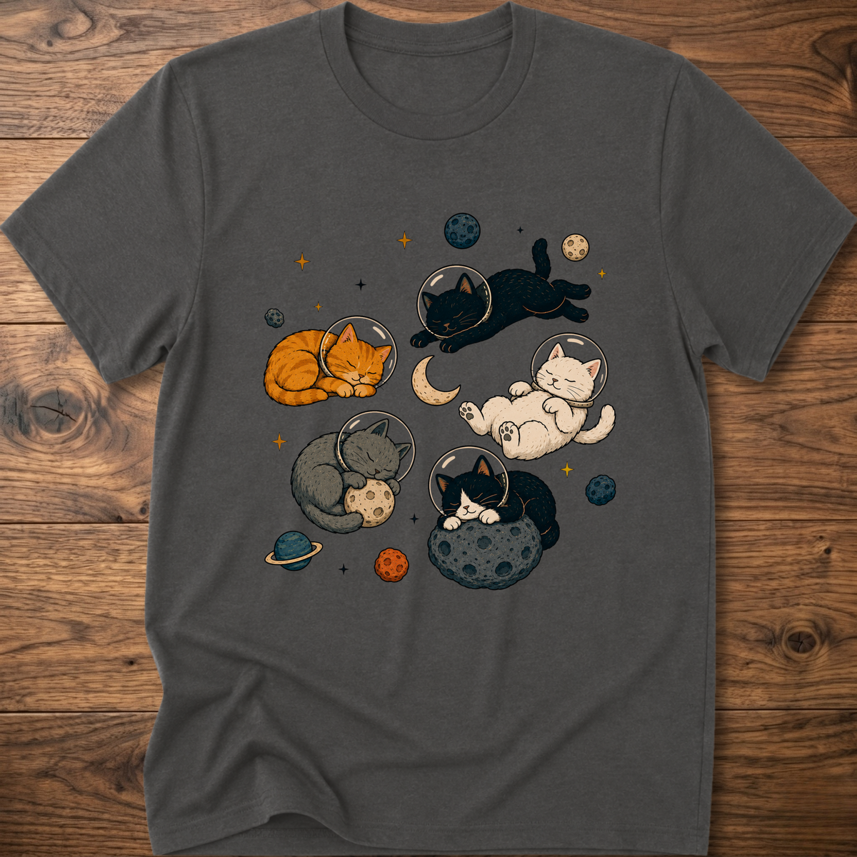 Charcoal gray cat nap T-shirt with sleeping cats space graphic