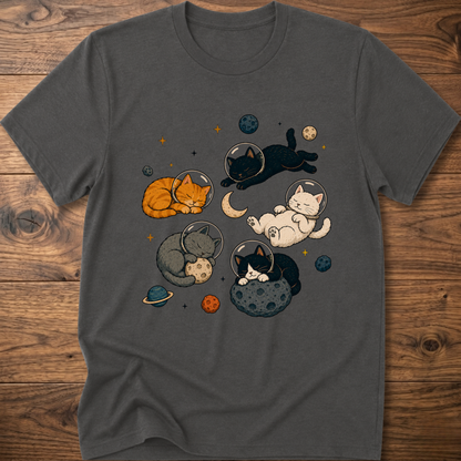 Charcoal gray cat nap T-shirt with sleeping cats space graphic