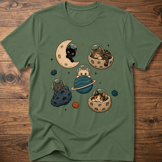Cats Hide & Seek t-shirt in military green with space cat graphic