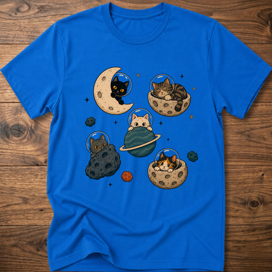 Cats Hide & Seek t-shirt in royal blue with illustrated cats and planets