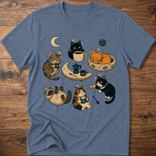 Heather indigo cat-themed T-shirt with moon, cats, and coffee cup graphic