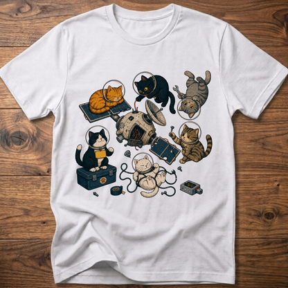 White cats space maintenance graphic T-shirt with astronaut and robot cats