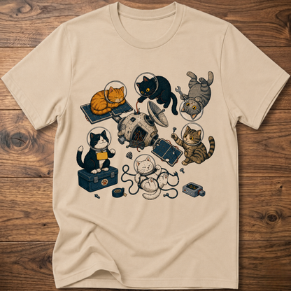 Sand beige cats space maintenance graphic T-shirt with astronaut and robot cats