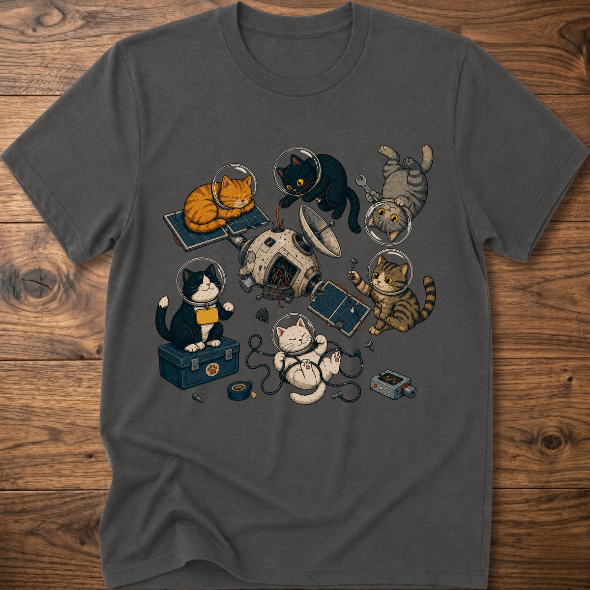 Charcoal gray cats space maintenance graphic T-shirt with astronaut and robot cats