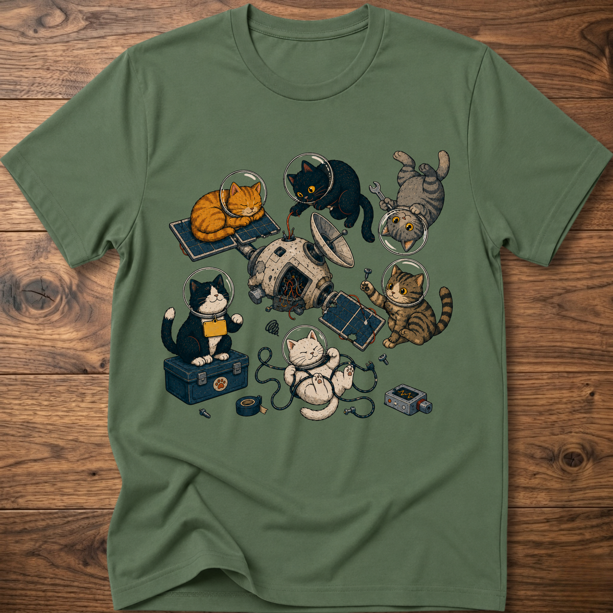Military green cats space maintenance graphic T-shirt with astronaut and robot cats