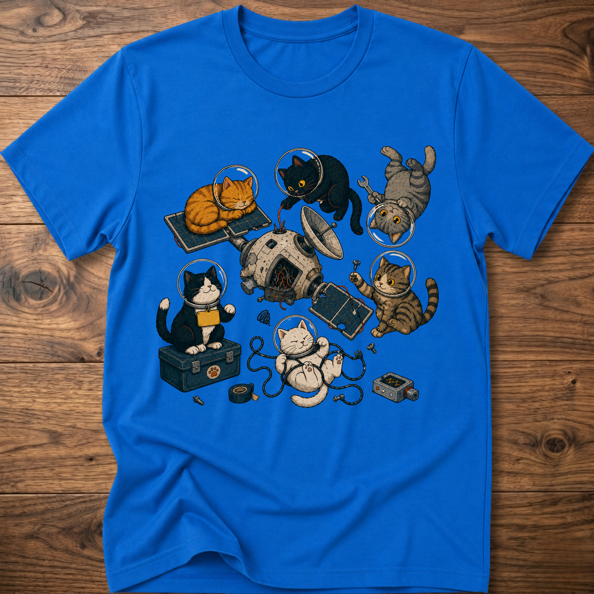 Royal blue cats space maintenance graphic T-shirt with astronaut and robot cats