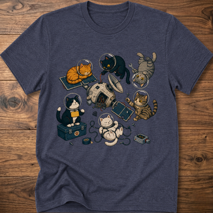 Heather navy cats space maintenance graphic T-shirt with astronaut and robot cats