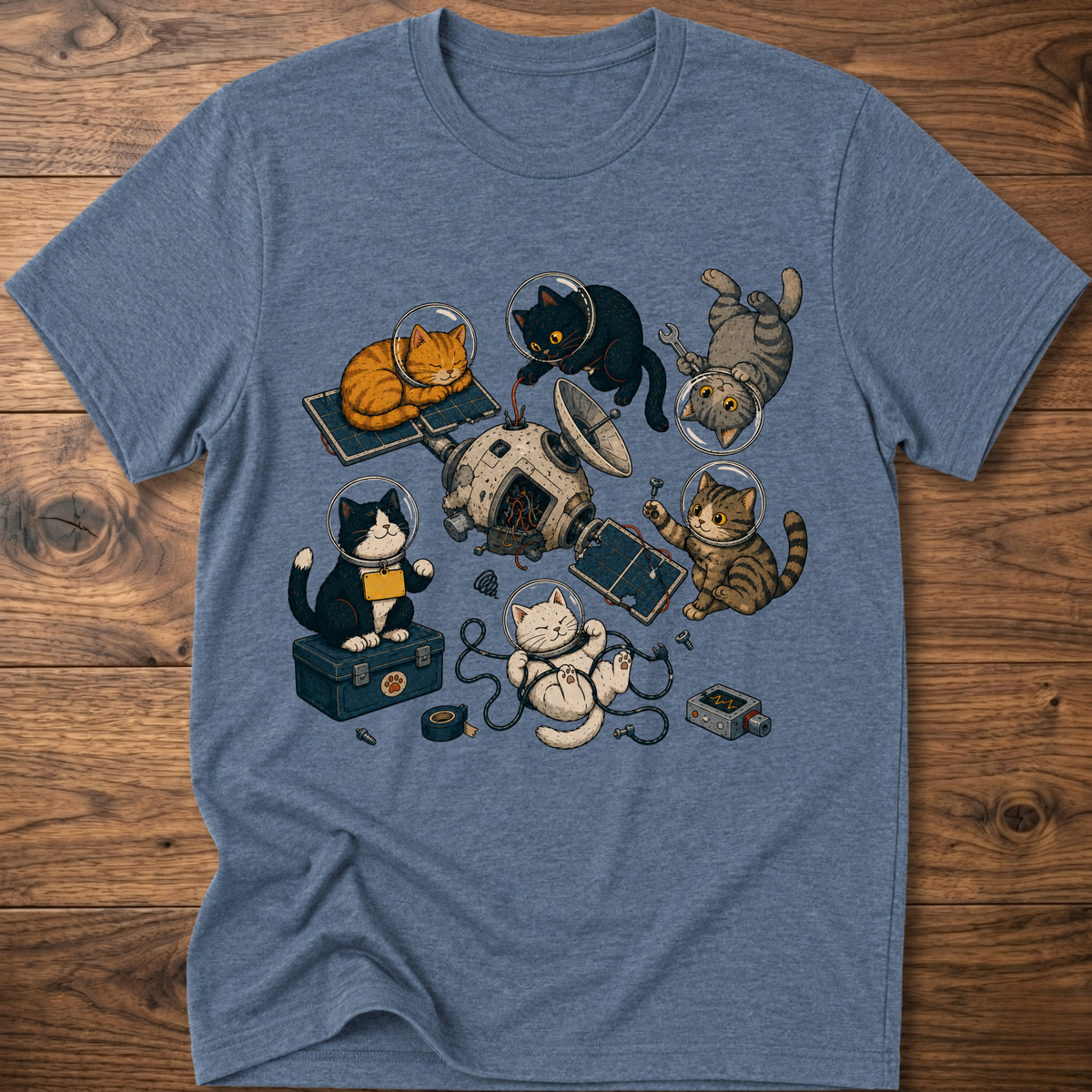Heather blue cats space maintenance graphic T-shirt with astronaut and robot cats