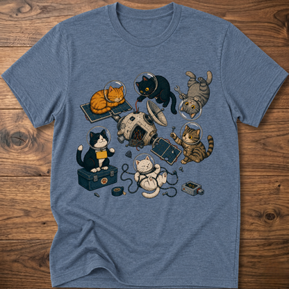 Heather blue cats space maintenance graphic T-shirt with astronaut and robot cats