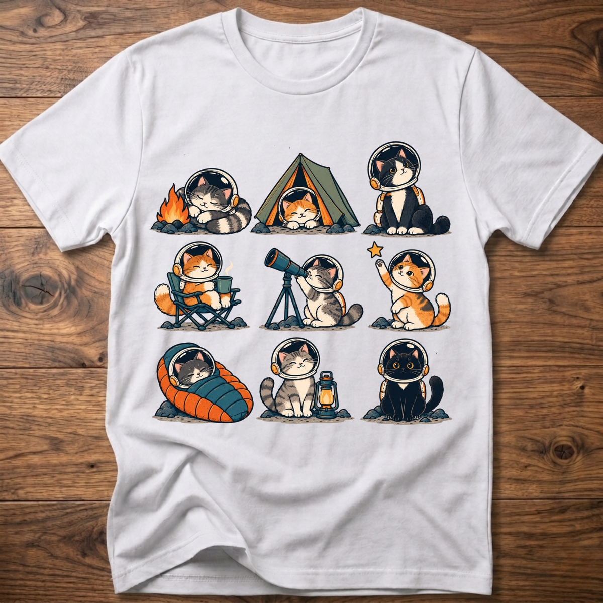 White Cats Space Camp graphic T-shirt featuring cat astronauts and rocket-themed art