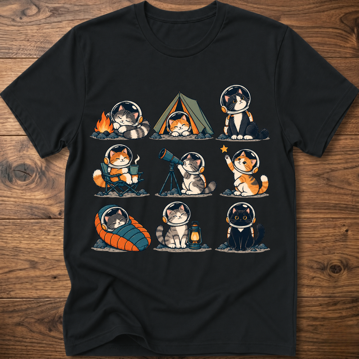 Black Cats Space Camp graphic T-shirt with cat astronauts and space tent design