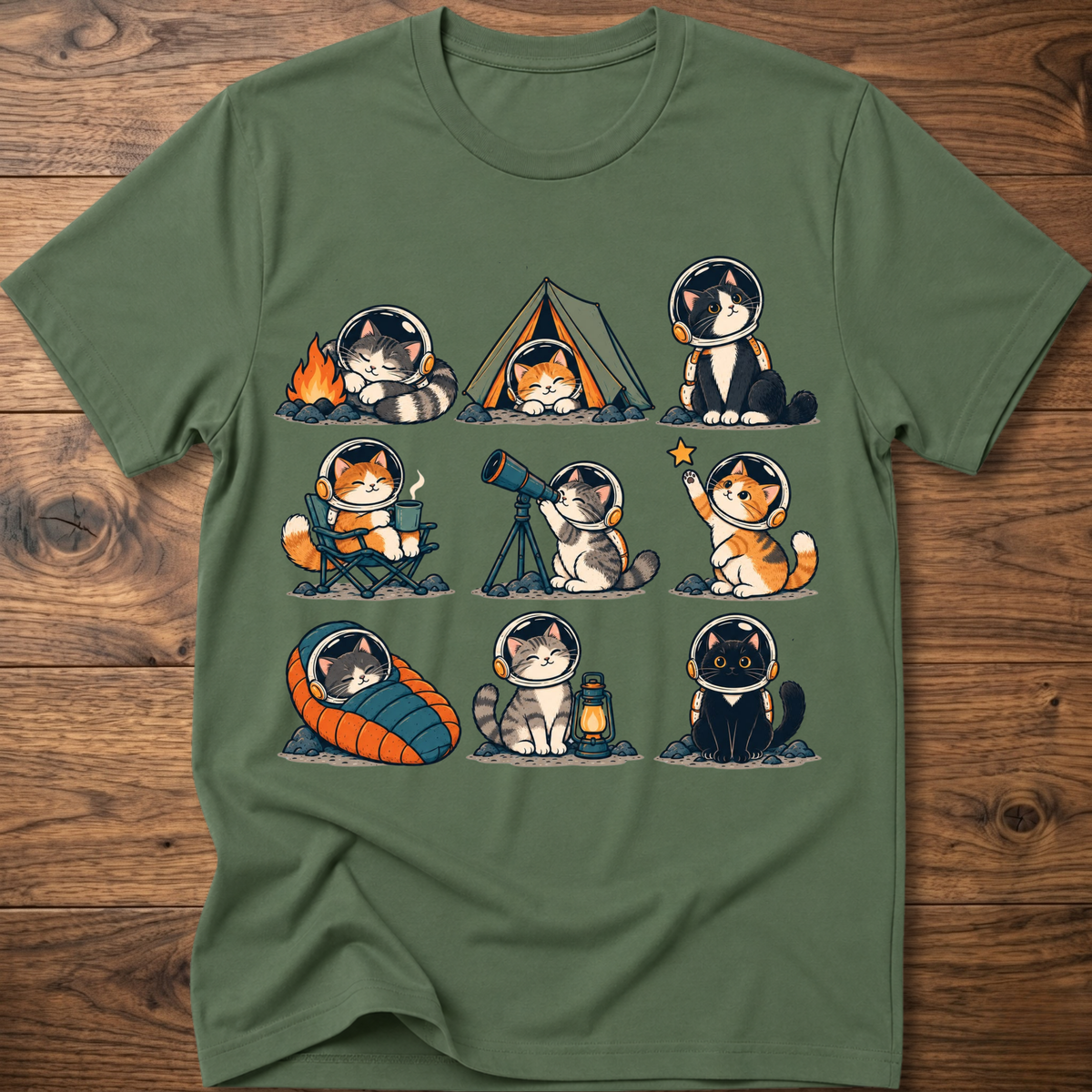 Military green Cats Space Camp graphic T-shirt with cat astronauts and rocket-themed art
