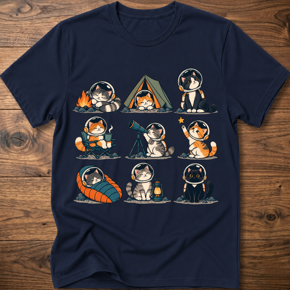Navy Cats Space Camp graphic T-shirt with cats in spacesuit and rocket-themed art