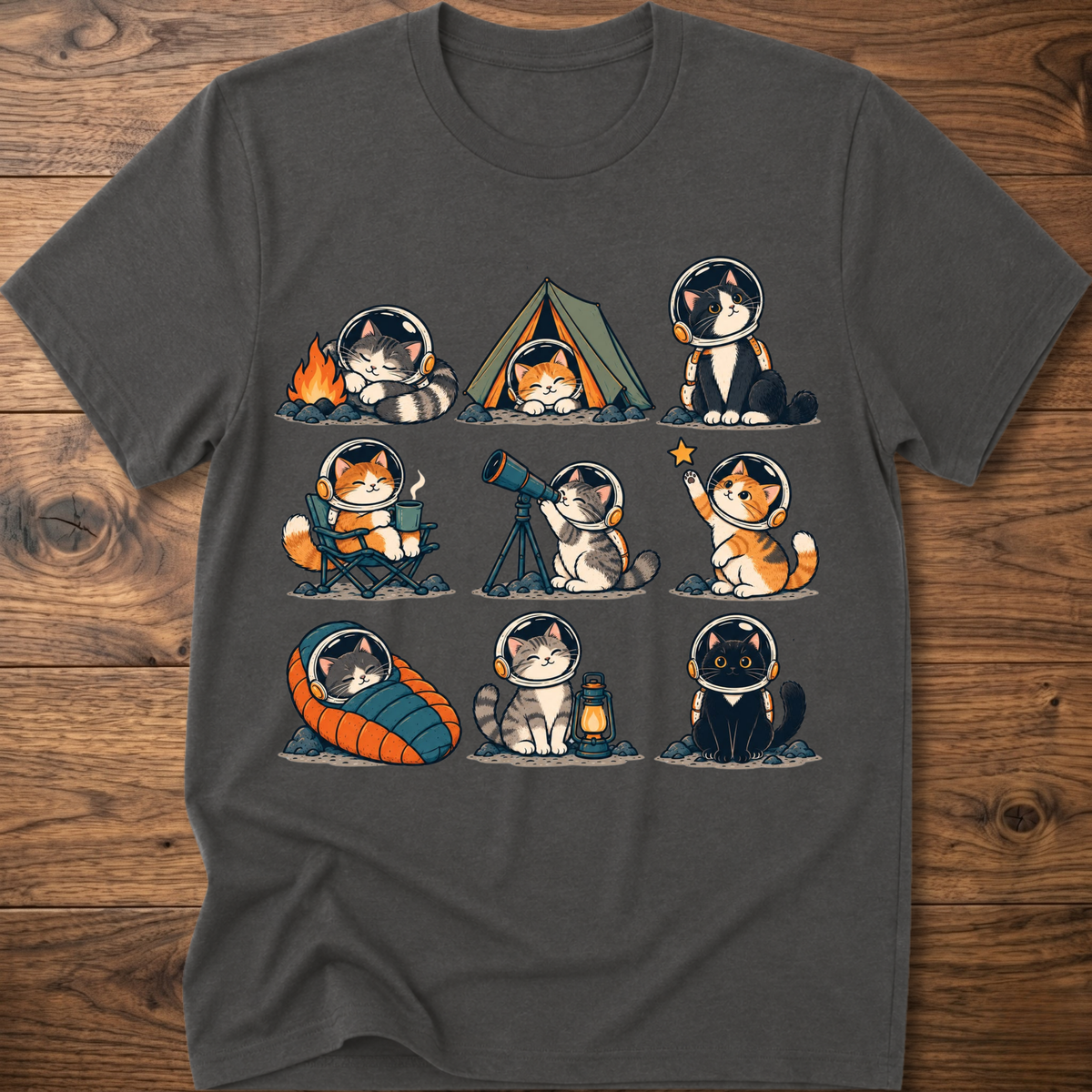 Charcoal Cats Space Camp graphic T-shirt with cat astronauts and space gear
