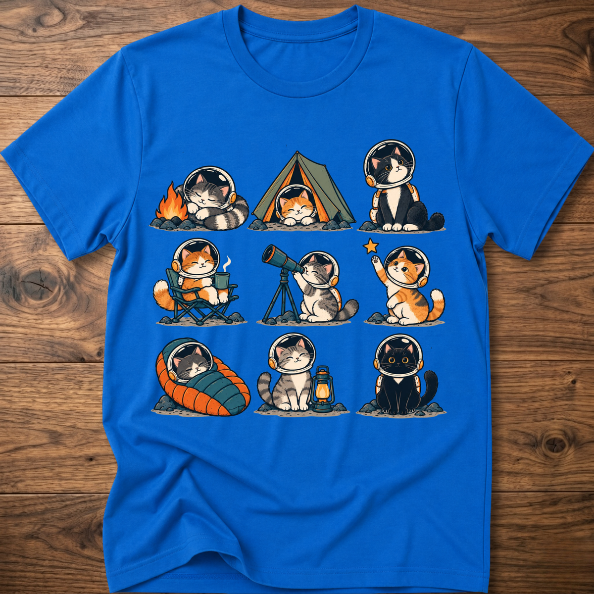 Blue Cats Space Camp graphic T-shirt with cat astronauts and tent design