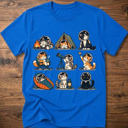 Blue Cats Space Camp graphic T-shirt with cat astronauts and tent design