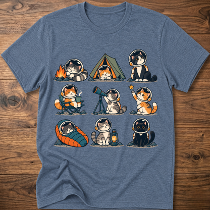 Heather indigo Cats Space Camp graphic T-shirt with cat astronauts and camp scene