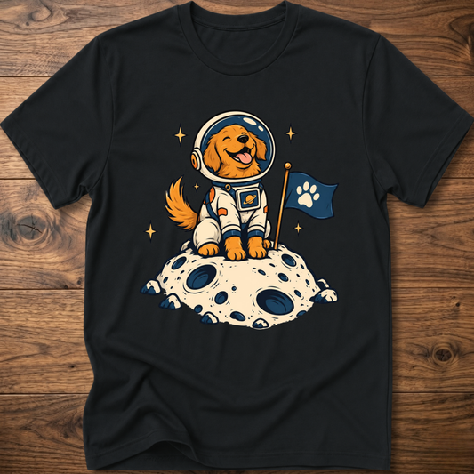 Black dog astronaut T-shirt with moon base graphic and paw flag