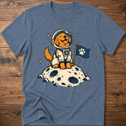 Blue dog astronaut T-shirt with moon base graphic and paw flag