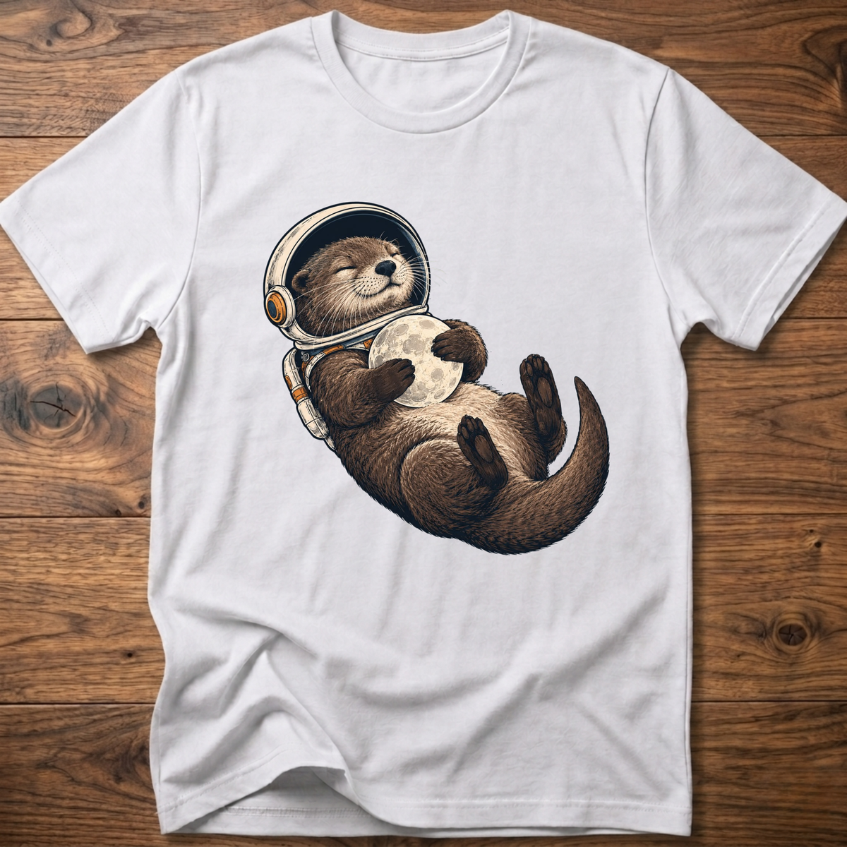 White T-shirt with astronaut otter graphic, short sleeves and crew neck.