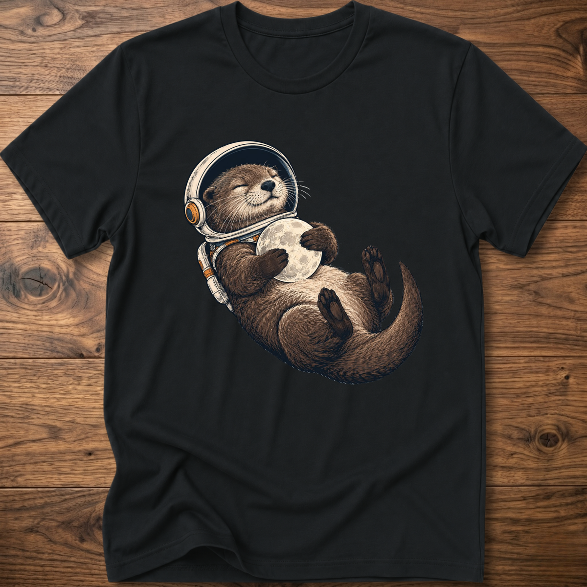 Black T-shirt with astronaut otter graphic, short sleeves and crew neck.