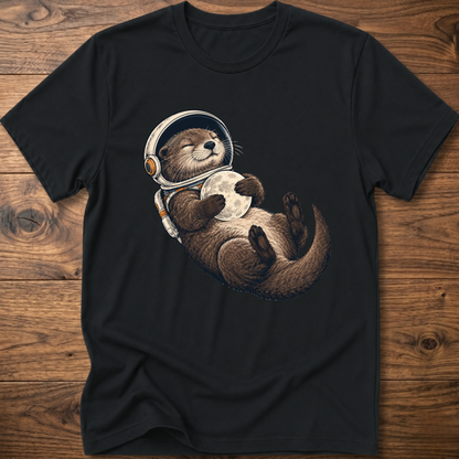 Black T-shirt with astronaut otter graphic, short sleeves and crew neck.
