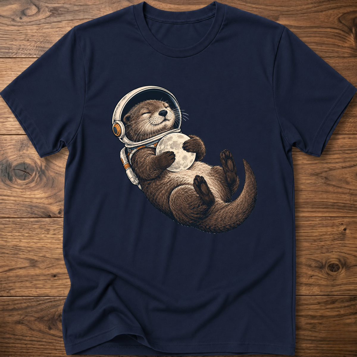 Navy T-shirt with astronaut otter graphic, short sleeves and crew neck.