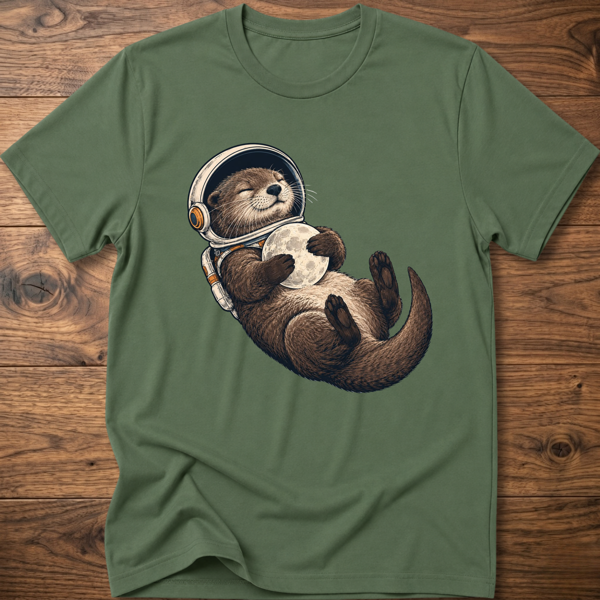 Military green T-shirt with astronaut otter graphic, short sleeves and crew neck.