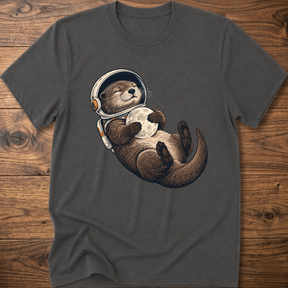 Charcoal gray T-shirt with astronaut otter graphic, short sleeves and crew neck.
