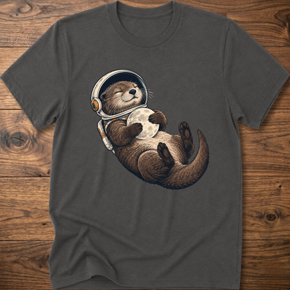 Charcoal gray T-shirt with astronaut otter graphic, short sleeves and crew neck.