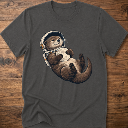 Charcoal gray T-shirt with astronaut otter graphic, short sleeves and crew neck.