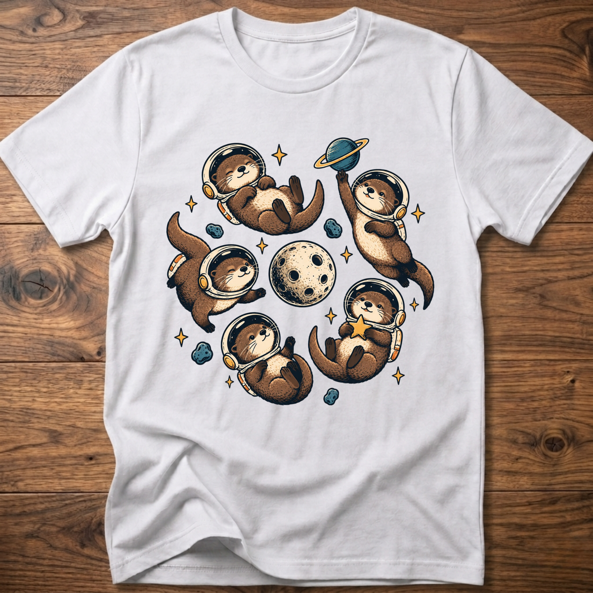 White crew T-shirt with otter astronaut space graphic on chest