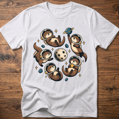 White crew T-shirt with otter astronaut space graphic on chest