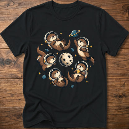 Black crew T-shirt with otter astronaut space graphic on chest