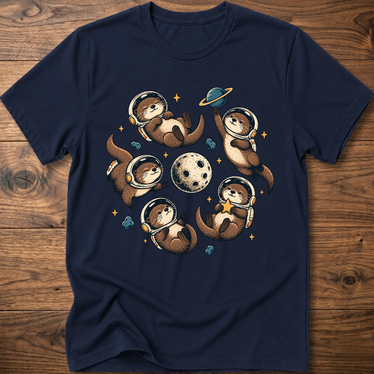 Navy crew T-shirt with otter astronaut space graphic on chest