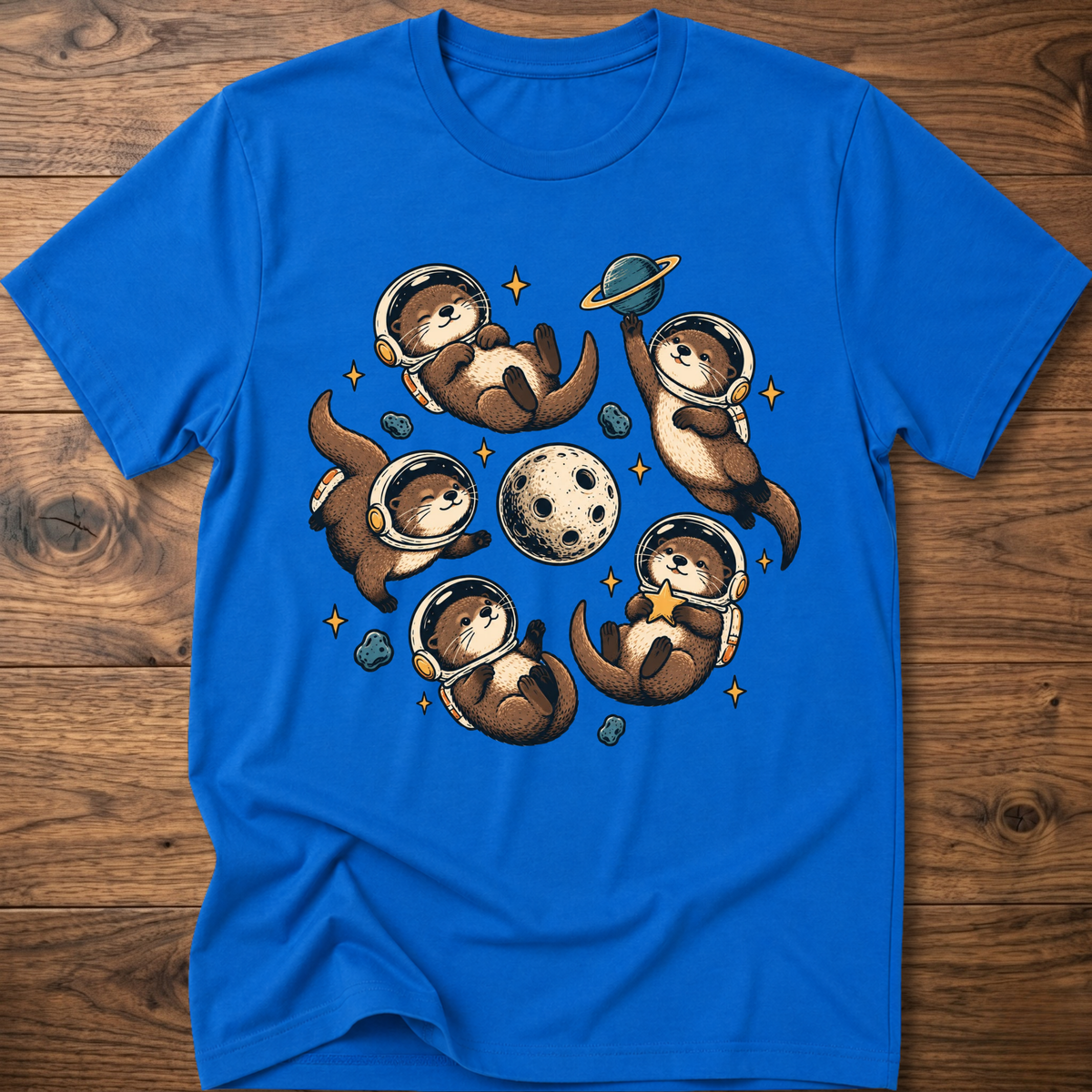 Royal blue crew T-shirt with otter astronaut space graphic on chest