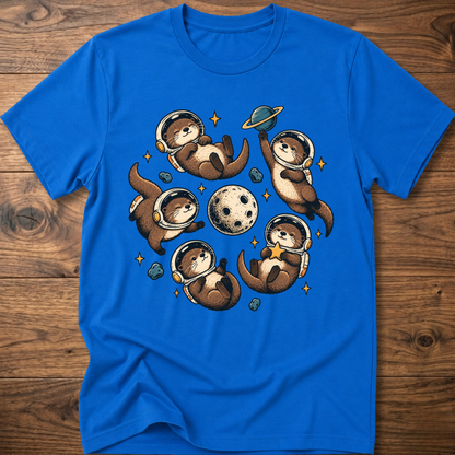Royal blue crew T-shirt with otter astronaut space graphic on chest