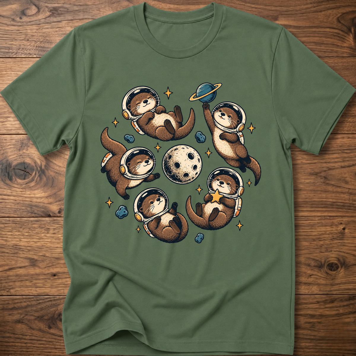 Military green crew T-shirt with otter astronaut space graphic on chest