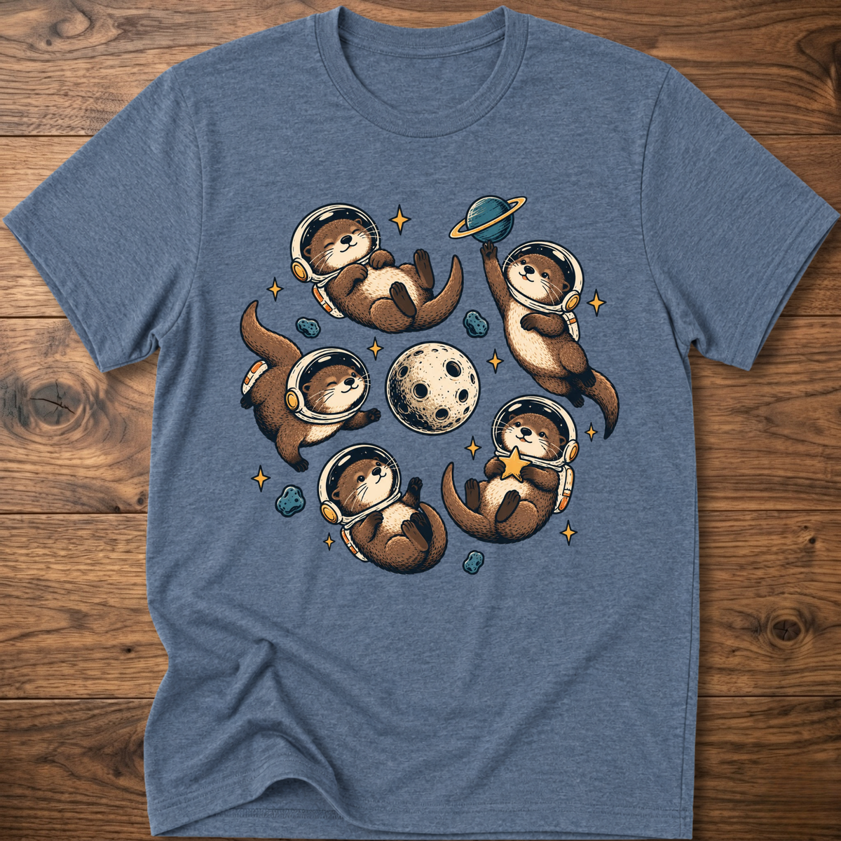 Heather indigo crew T-shirt with otter astronaut space graphic on chest