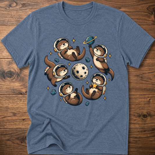 Heather indigo crew T-shirt with otter astronaut space graphic on chest